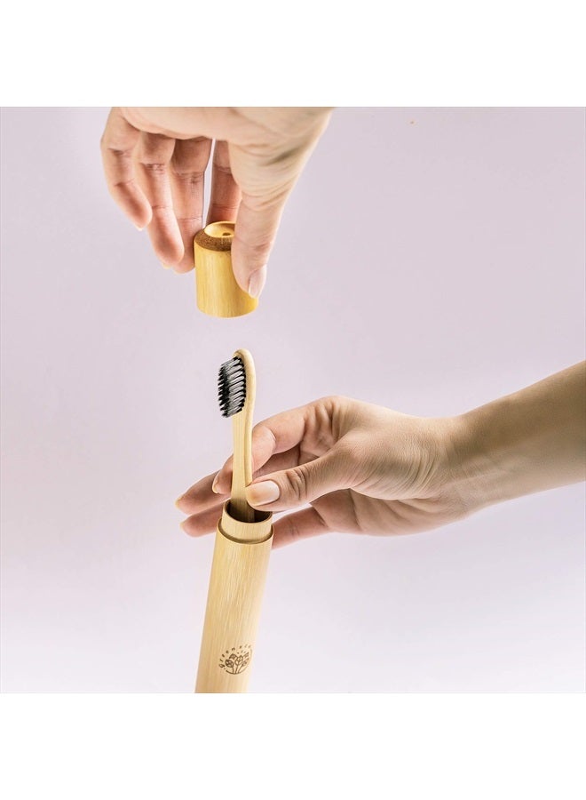 Bamboo Toothbrush (4 Pack) with Travel Case & Charcoal Dental Floss | BPA Free Soft Bristles | Eco-Friendly, Natural Bamboo Toothbrush Set | Biodegradable & Compostable Wooden Toothbrushes