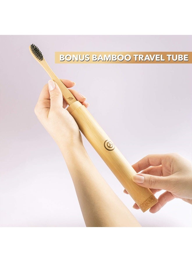 Bamboo Toothbrush (4 Pack) with Travel Case & Charcoal Dental Floss | BPA Free Soft Bristles | Eco-Friendly, Natural Bamboo Toothbrush Set | Biodegradable & Compostable Wooden Toothbrushes