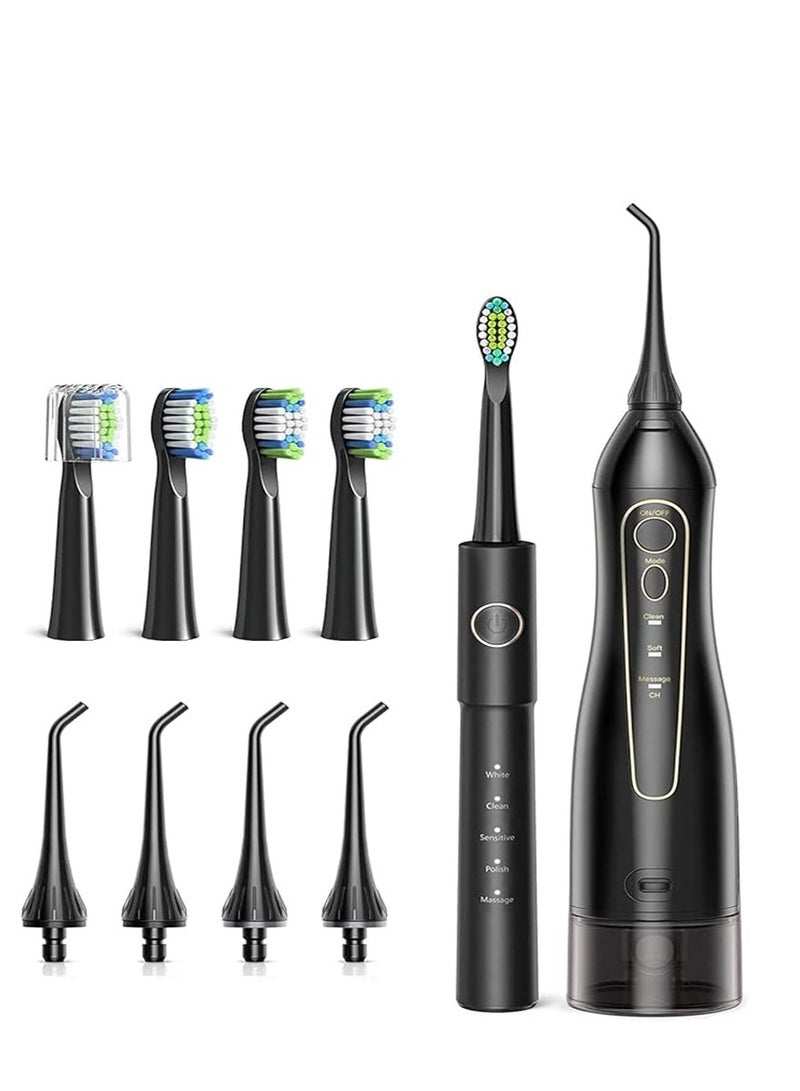Water Flosser Electric Toothbrush Combo, Rechargeable Cordless Waterproof, 5 Selectable Modes and 4 Heads Whitening Toothbrush, 3 Modes and 4 Nozzles Oral Irrigator Black for Travel