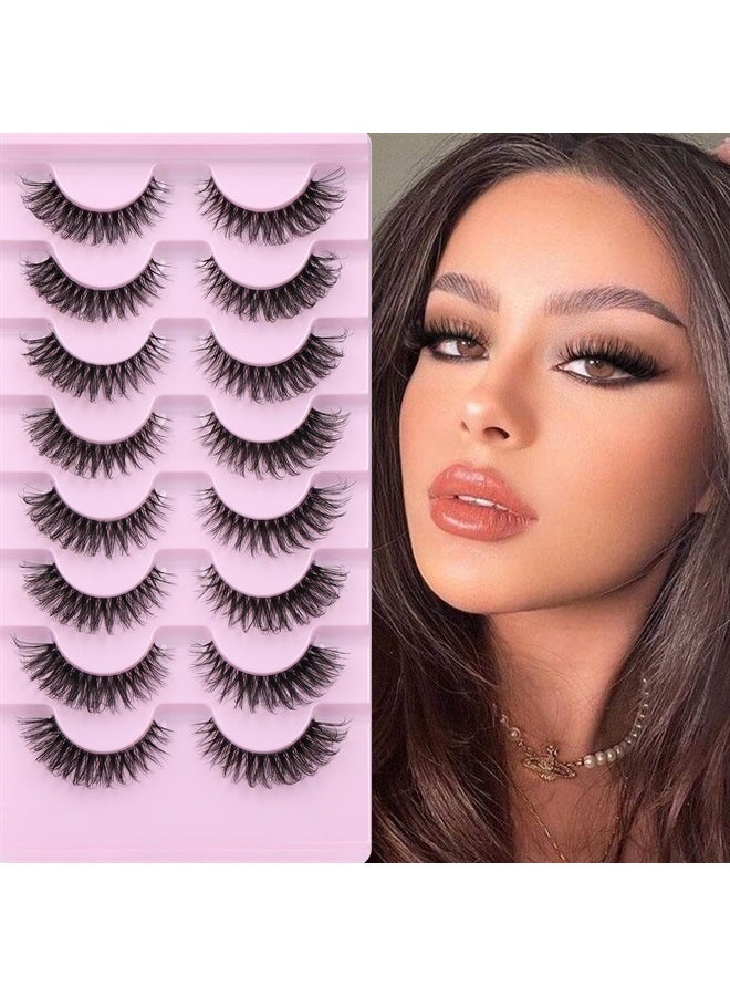 Natural False Eyelashes Wispy Mink Lashes Cat Eye Lashes Pack Fluffy Eyelashes 8 Pairs 14 mm Clear Band DD Curl Strip Fake Eyelashes By TNFVLONEINS