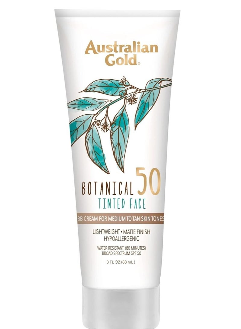 Australian Gold Botanical SPF 50 Tinted Mineral Sunscreen for Face, Non-Chemical BB Cream, Water-Resistant, Matte Finish, For Sensitive Facial Skin, Medium to Tan Skin Tones, 3 FL Oz