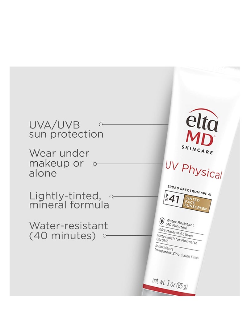 EltaMD UV Physical Tinted Sunscreen for Face, SPF 41 Tinted Sunscreen, 100% Mineral Active Sunscreen, 3.0 oz Tube