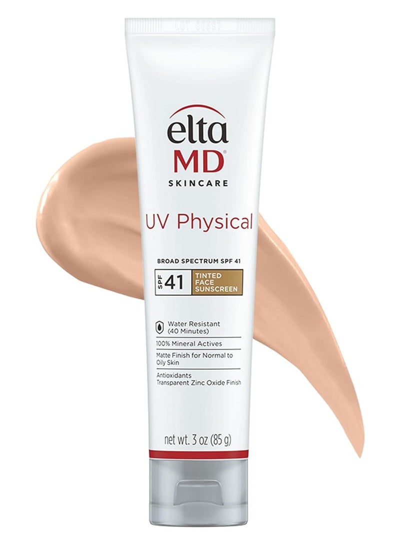 EltaMD UV Physical Tinted Sunscreen for Face, SPF 41 Tinted Sunscreen, 100% Mineral Active Sunscreen, 3.0 oz Tube