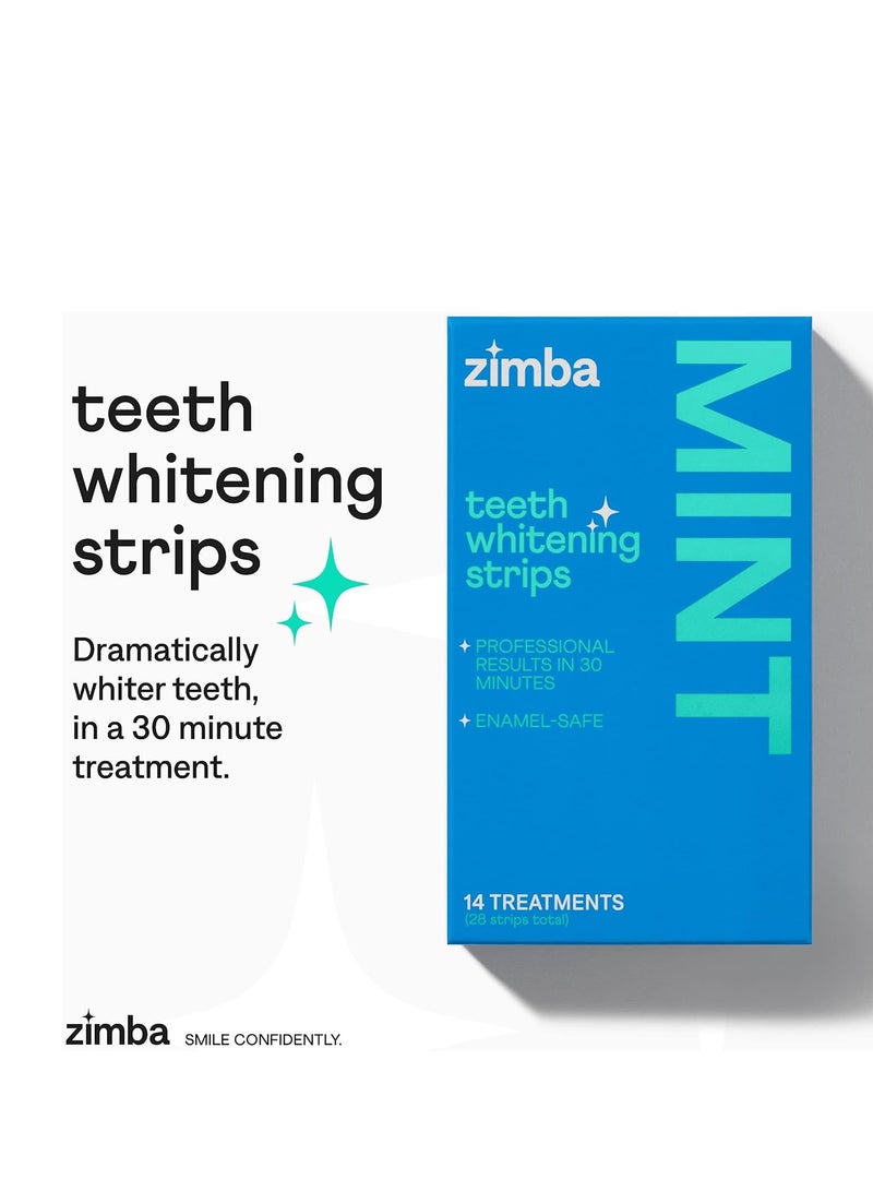 Zimba Teeth Whitening Strips Vegan Whitening Strip Enamel Safe Teeth Whitening Hydrogen Peroxide Teeth Whitener for Coffee, Wine, Tobacco, and Other Stains, 28 Strips (14 Day Treatment), Mint