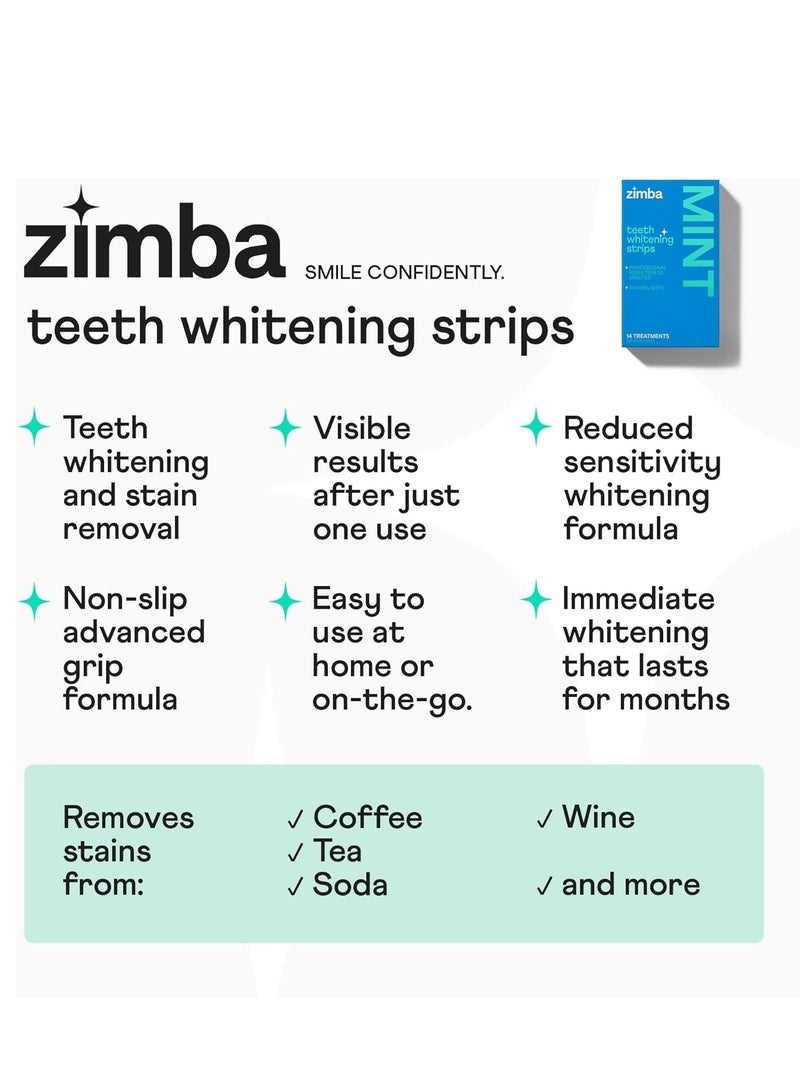 Zimba Teeth Whitening Strips Vegan Whitening Strip Enamel Safe Teeth Whitening Hydrogen Peroxide Teeth Whitener for Coffee, Wine, Tobacco, and Other Stains, 28 Strips (14 Day Treatment), Mint