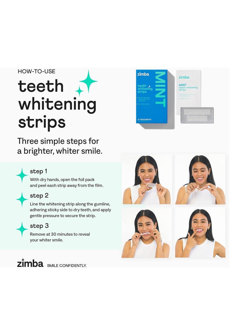 Zimba Teeth Whitening Strips Vegan Whitening Strip Enamel Safe Teeth Whitening Hydrogen Peroxide Teeth Whitener for Coffee, Wine, Tobacco, and Other Stains, 28 Strips (14 Day Treatment), Mint