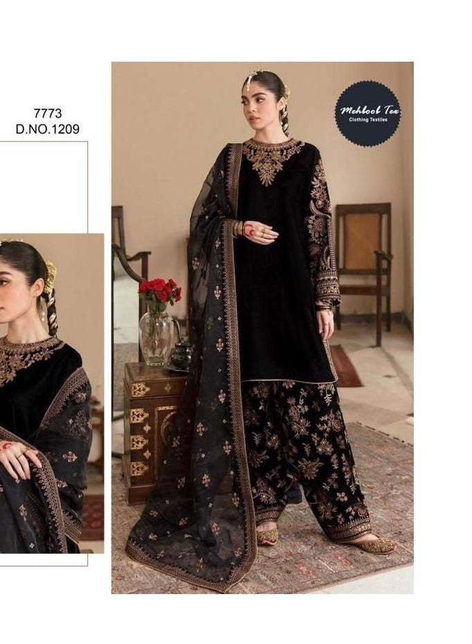 Women Pakistani Pattern Semi Stitched Black Salwar Suit with Dupatta