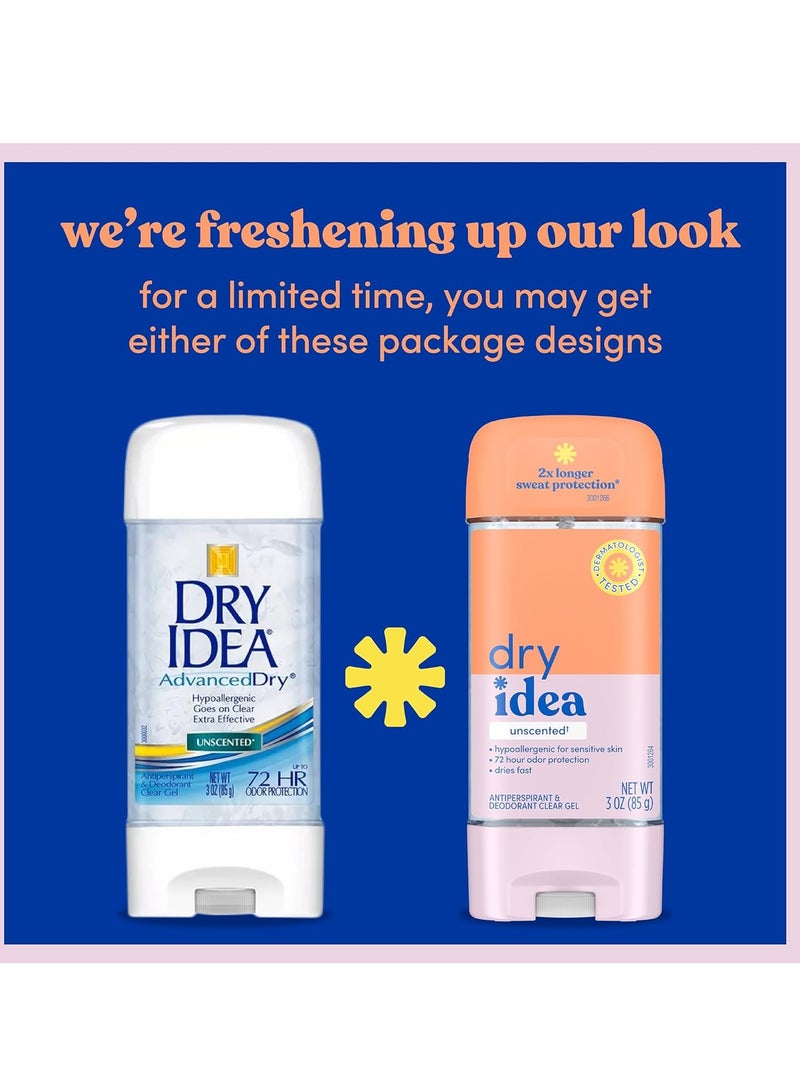 Dry Idea Gel Deodorant & Antiperspirant | 2X Longer Sweat Protection | 72-Hour Odor Protection | Unscented & Hypoallergenic for Sensitive Skin, 3 oz.