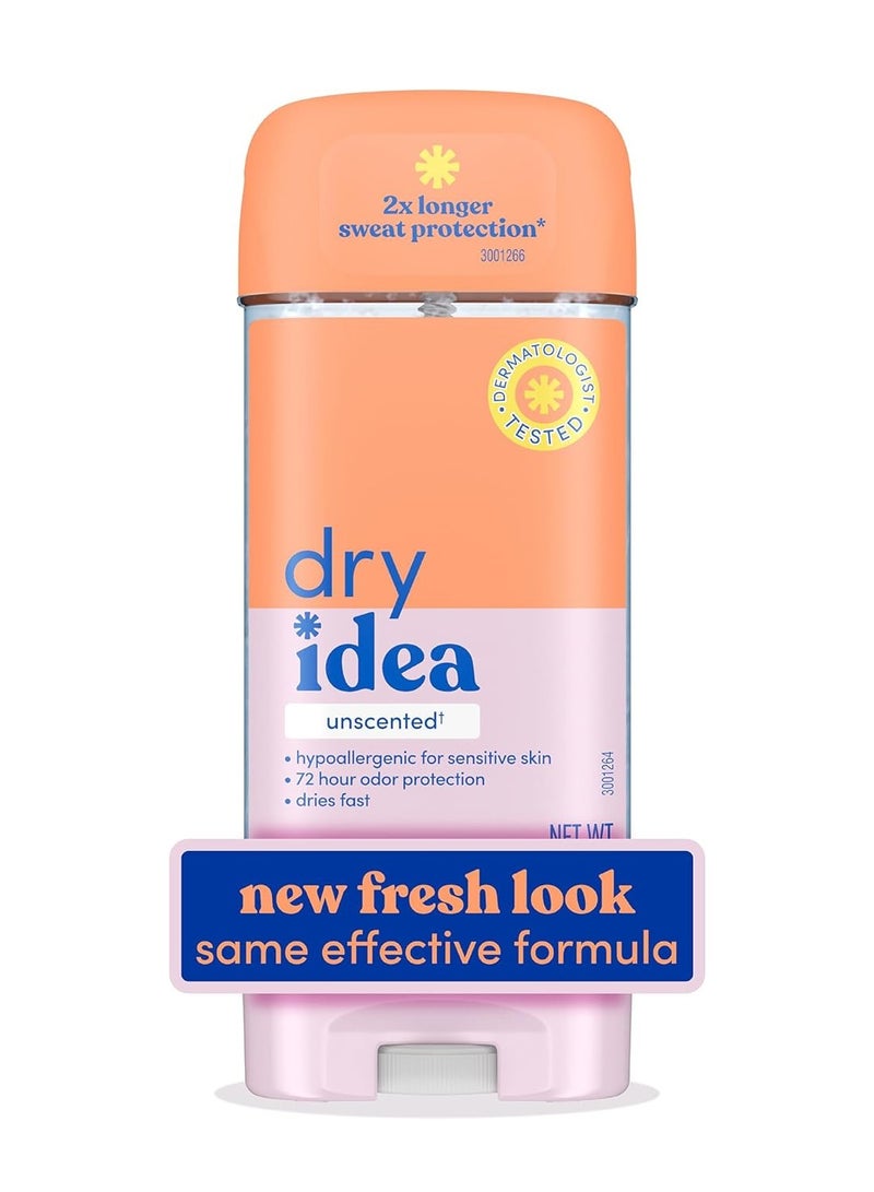 Dry Idea Gel Deodorant & Antiperspirant | 2X Longer Sweat Protection | 72-Hour Odor Protection | Unscented & Hypoallergenic for Sensitive Skin, 3 oz.