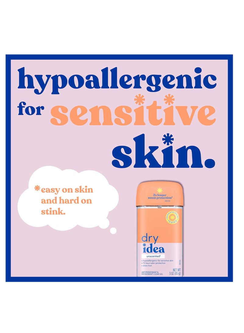 Dry Idea Gel Deodorant & Antiperspirant | 2X Longer Sweat Protection | 72-Hour Odor Protection | Unscented & Hypoallergenic for Sensitive Skin, 3 oz.