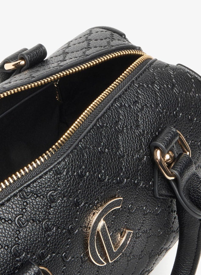 Monogram Embossed Bowler Bag with Zip Closure and Detachable Strap