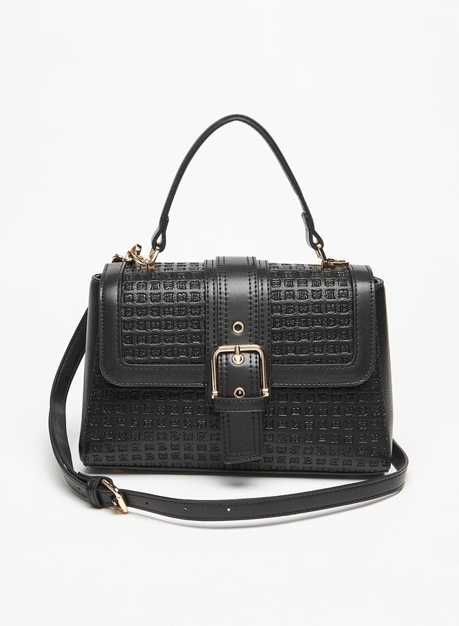 Women Textured Satchel Bag with Buckle Detail and Detachable Strap