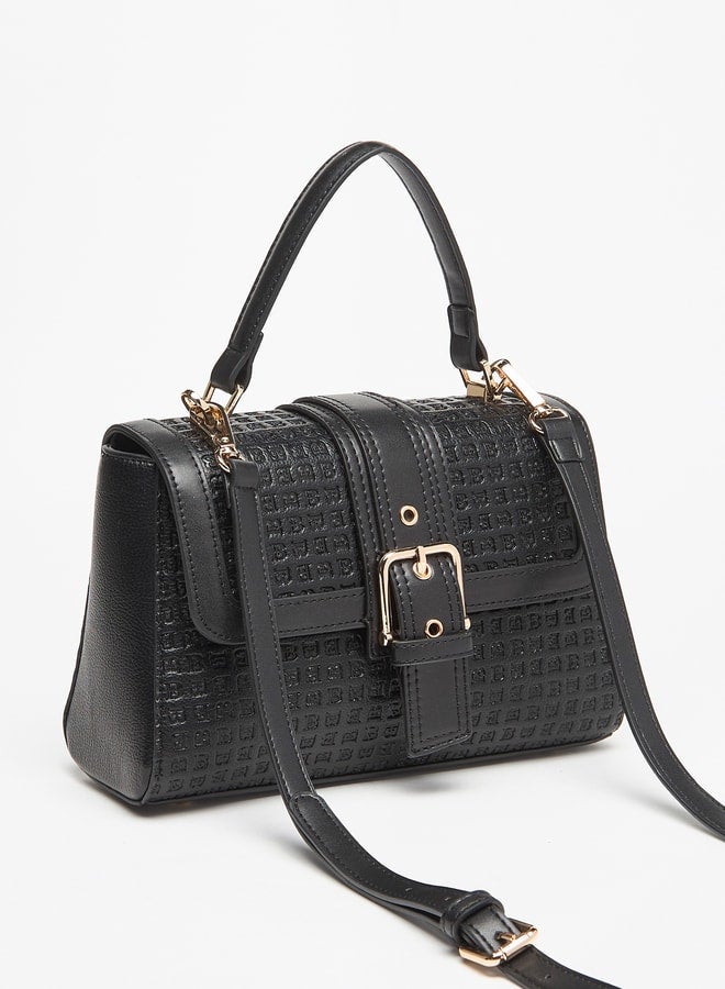 Women Textured Satchel Bag with Buckle Detail and Detachable Strap