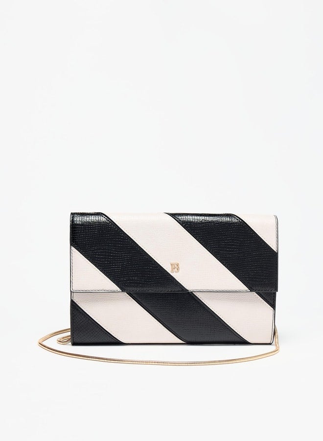 Women Striped Clutch with Chain Strap and Magnetic Button Closure