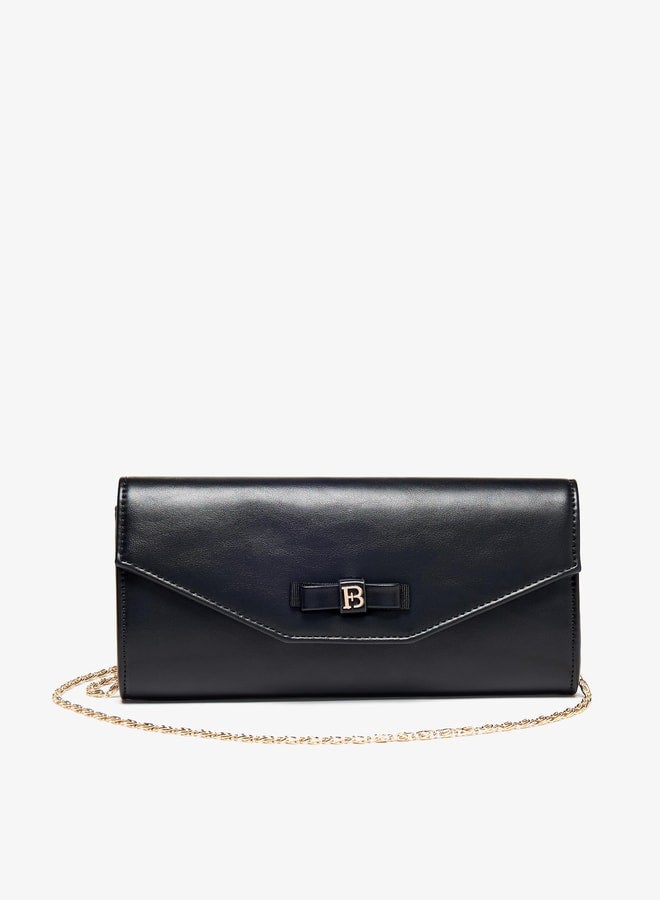Women Solid Clutch with Chain Strap and Magnetic Button Closure