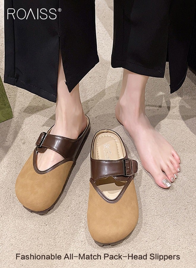 Toe Cap Backless Flats Shoes for Women Nubuck Leather Vintage Style Colourblocked Comfortable out Wear Half Slippers Ladies Casual Elegant Low Top Slip-On Shoes Sandals