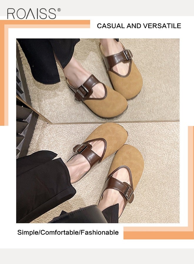 Toe Cap Backless Flats Shoes for Women Nubuck Leather Vintage Style Colourblocked Comfortable out Wear Half Slippers Ladies Casual Elegant Low Top Slip-On Shoes Sandals