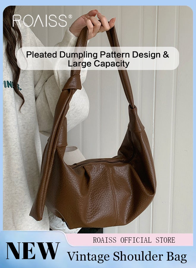 Retro Soft Leather Pleated Dumpling Bag Lazy Style Casual and Versatile Horn Single Shoulder Crossbody Bag Large Capacity Zippered Hidden Pocket and Small Side Pocket Adjustable Shoulder Strap