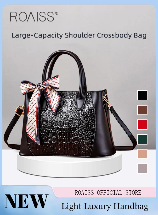 Crocodile Pattern Handbag for Women with Silk Scarf Fashion Large Capacity Shoulder Bag Nonslip Wear Resistant Crossbody Bag Suitable for Birthday Gifts or Ramadan