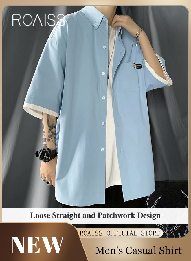 Buttoned Short-Sleeved Shirt for Men Summer Casual Versatile Loose Lapel Collar Shirt Pure Color Pocket Decoration Quarter Sleeves Thin Tops Suitable for Dad Husband Boyfriend and Son