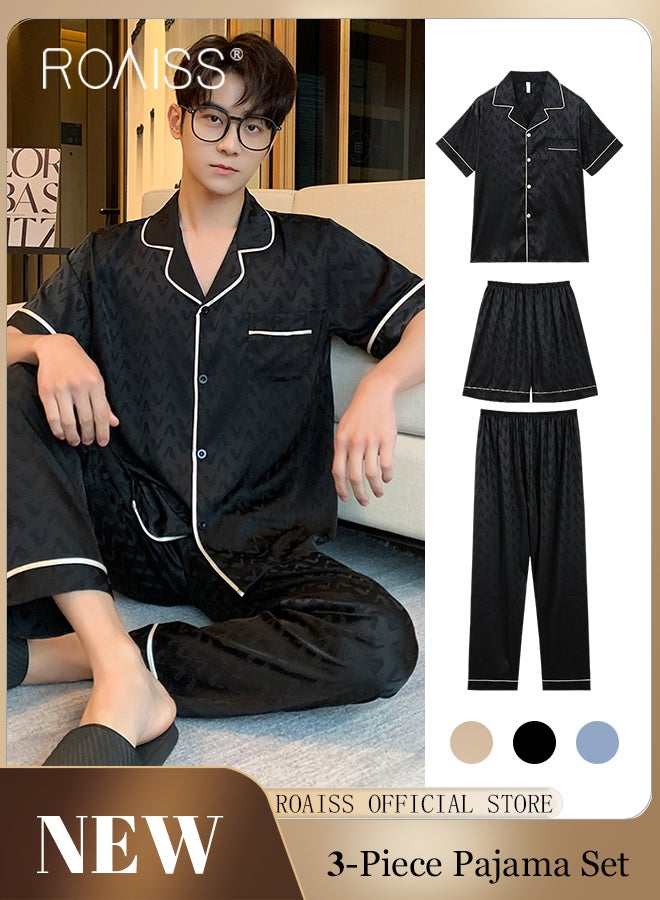 3Pcs Ice Silk Pajama Suit for Men Lapel Shirt Design Short Sleeves and Elastic Waistband Pajamas Shorts Trousers Simple Jacquard Pattern Loose Skin-Friendly Loungewear