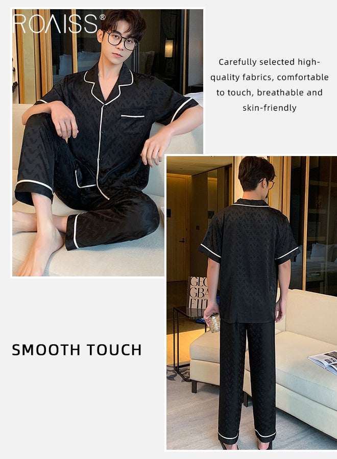 Summer Houndstooth Jacquard Satin Men Short Sleeve Shirt Pants Shorts 3Pcs Homewear Sleepwear Casual Pajamas Set