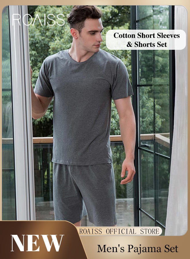 2Pcs Pure Cotton Home Pajamas Set for Men Summer Round Neck Loose Short Sleeve and Comfortable Elastic Waistband Shorts Simple Pure Color Breathable Casual Pyjama Suit