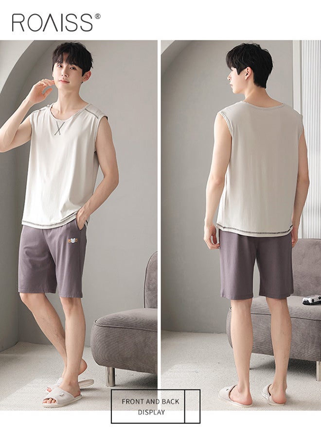 2Pcs Modal Pajamas Set for Men Summer Sleeveless Thin Tops Vest and Loose Elastic Strap Design Shorts Mens Skin-Friendly Comfortable Breathable Loungewear H Type Round Neck Pyjama Suit