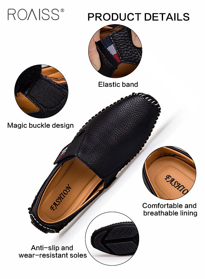 Special Shaped Slip-On Shoes for Men Fashion Stitched Trim Low Top Soft Sole Business Leather Flat Shoes Mens Wear Resistant Anti Slip Breathable Comfort Outdoor Beach Sandals