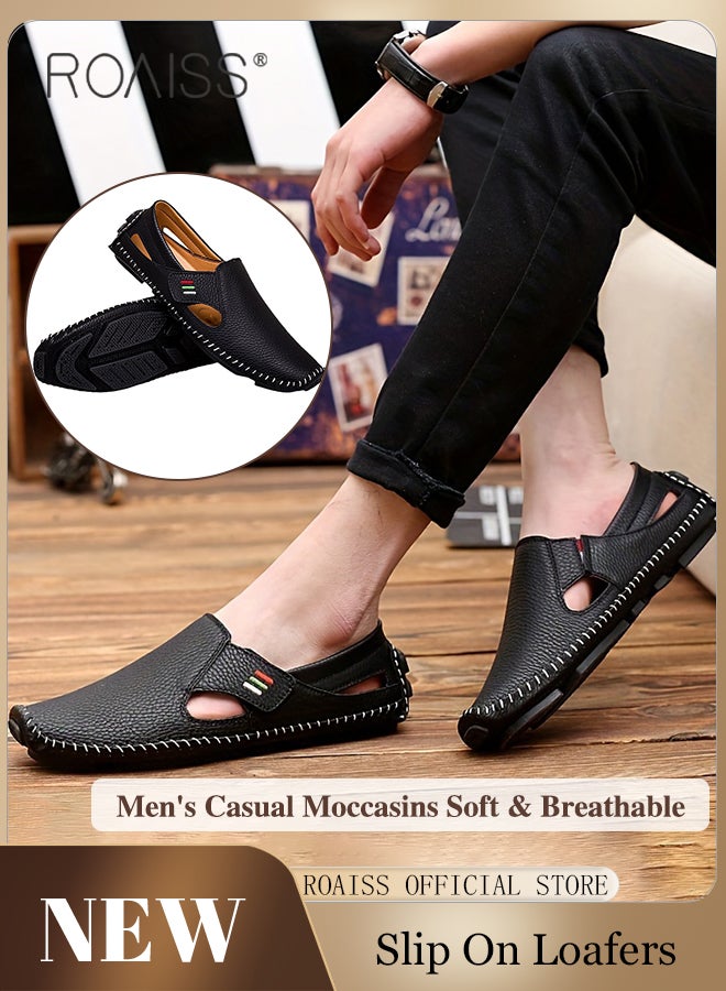 Special Shaped Slip-On Shoes for Men Fashion Stitched Trim Low Top Soft Sole Business Leather Flat Shoes Mens Wear Resistant Anti Slip Breathable Comfort Outdoor Beach Sandals