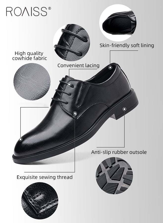 Formal Business Leather Shoes for Men High Fashion Textures Soft Sole Comfort Wedding Groom Shoes Mens Round Toe Low Top Lace up Front Anti Slip Wear Resistant Work Shoes