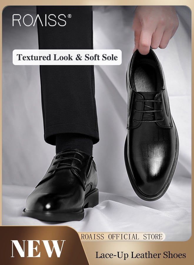 Formal Business Leather Shoes for Men High Fashion Textures Soft Sole Comfort Wedding Groom Shoes Mens Round Toe Low Top Lace up Front Anti Slip Wear Resistant Work Shoes