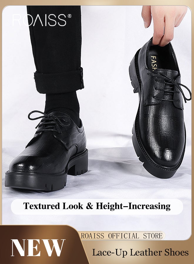 Formal Business Leather Shoes for Men Round Toe Low Top Lace up Front Anti Slip Height Increasing Shoes Mens High Fashion Textures Soft Sole Comfort Wedding Groom Shoes