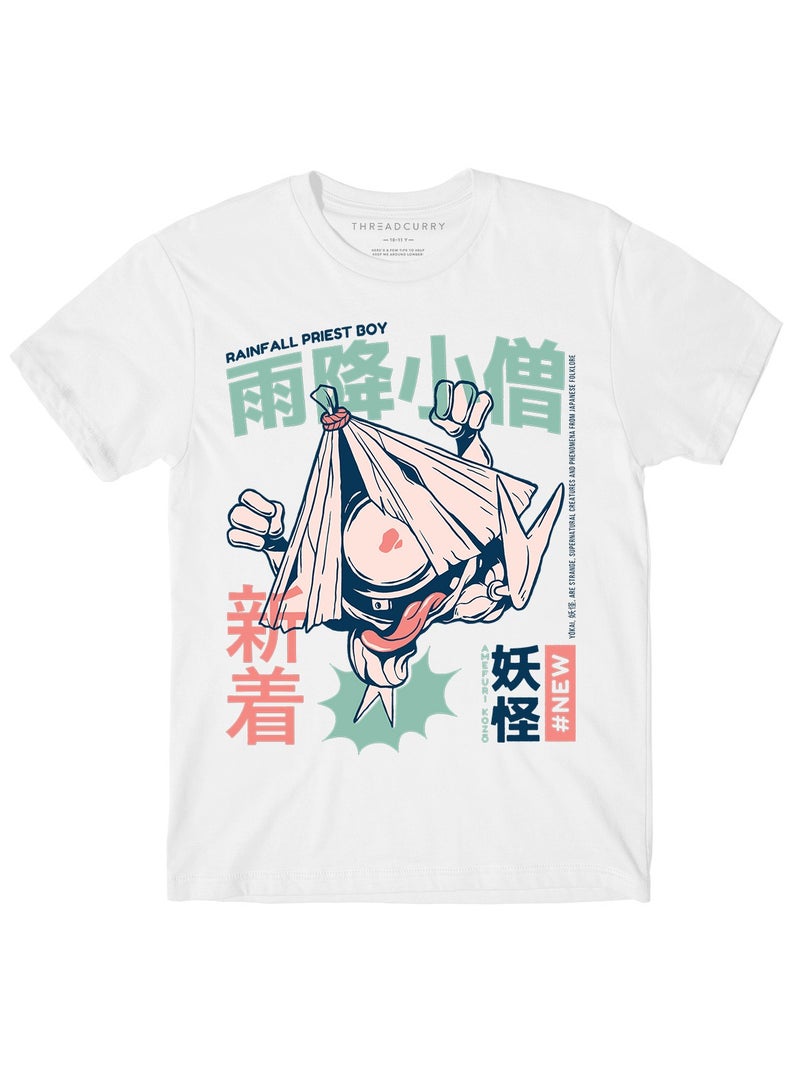 THREADCURRY Anime Boys White Printed Round Neck T-shirt
