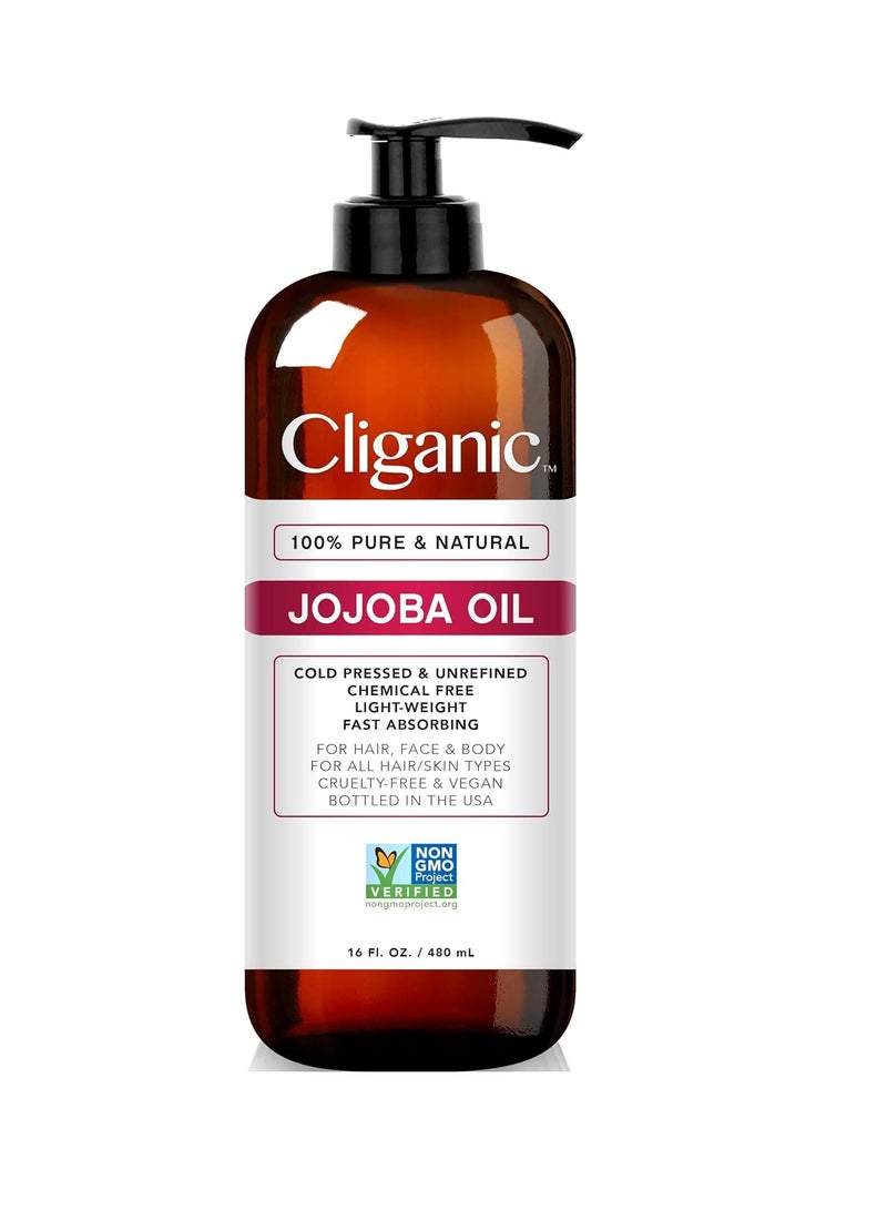 Cliganic Jojoba Oil Non-GMO, Bulk 16oz | 100% Pure, Natural Cold Pressed Unrefined Hexane Free Oil for Hair & Face