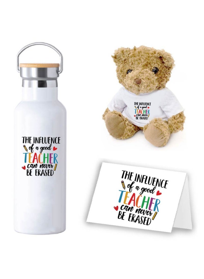 Teacher's Day Pack of 3 Combo Pack - Stainless Steel Bamboo Cap Flask Bottle 600ml, Teddy Bear and Greeting Card - Teacher's Day Gift Set - Gift for World Teachers Day