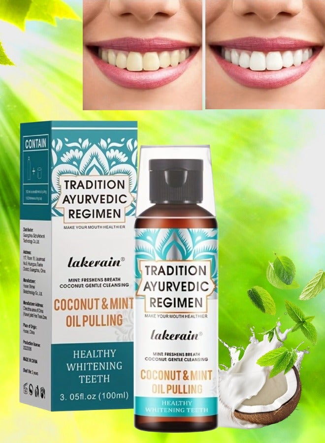 100ml Coconut Oil and Peppermint Oil Pulling Whitening Mouthwash Teeth Whitening Oil Pulling Mouthwash Natural Coconut Oil Pulling for Healthier Teeth and Gum Fresh Breath With 7 Natural Pulling Oil