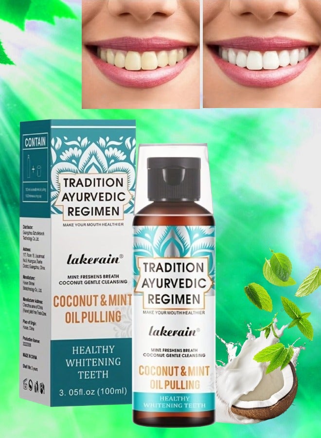 100ml Coconut Oil and Peppermint Oil Pulling Whitening Mouthwash Teeth Whitening Oil Pulling Mouthwash Natural Coconut Oil Pulling for Healthier Teeth and Gum Fresh Breath With 7 Natural Pulling Oil