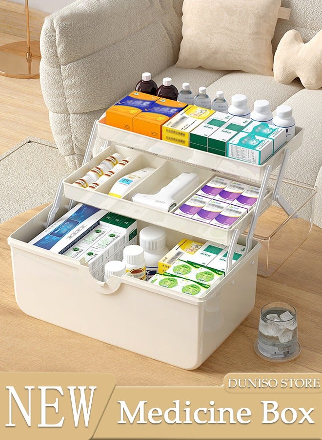 Medicine Box Plastic Medicine Storage Box Family Emergency Kit Medical Kit 3 Layers Home First Aid Box Child Proof Medicine Box Organizer Pill Case with Compartments and Handle