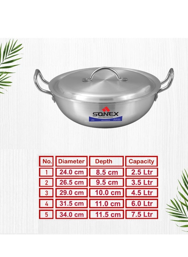 Sonex Round Karahi Set – Authentic Aluminium Wok, 1x5,  5 Pcs with Lids, Sizes 24-34 cm (2.5-7.5 Ltr), Long-Lasting Durable Construction, Versatile Cooking, Premium Metal Finish, Dishwasher Safe