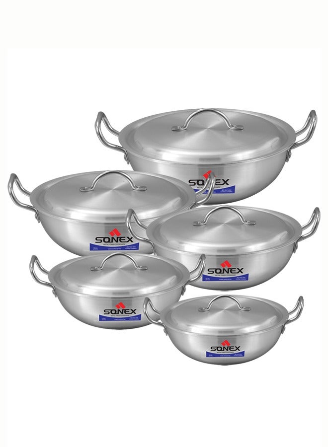 Sonex Round Karahi Set – Authentic Aluminium Wok, 1x5,  5 Pcs with Lids, Sizes 24-34 cm (2.5-7.5 Ltr), Long-Lasting Durable Construction, Versatile Cooking, Premium Metal Finish, Dishwasher Safe