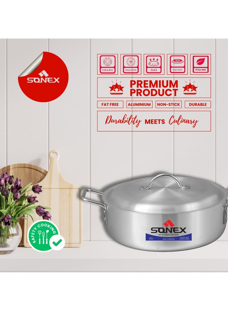 Sonex Fish Pot No.6 (38.5 cm & 14 Ltr), Shallow Cooking Pot With Lid, Premium Aluminum,Excellent Heat Distribution, Ergonomic Handles, Dishwasher Safe, Metal Finish, Silver