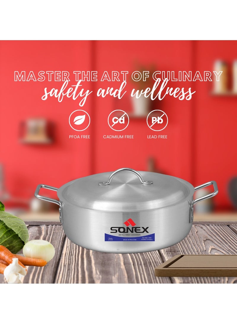Sonex Fish Pot No.6 (38.5 cm & 14 Ltr), Shallow Cooking Pot With Lid, Premium Aluminum,Excellent Heat Distribution, Ergonomic Handles, Dishwasher Safe, Metal Finish, Silver