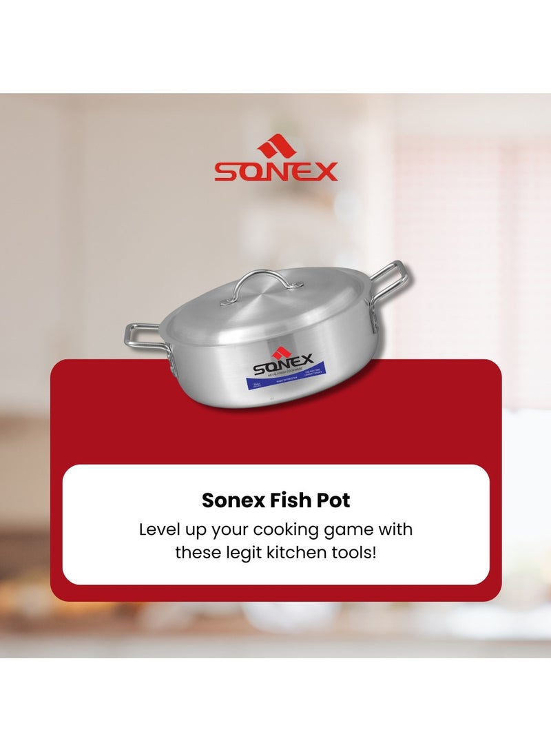 Sonex Fish Pot No.6 (38.5 cm & 14 Ltr), Shallow Cooking Pot With Lid, Premium Aluminum,Excellent Heat Distribution, Ergonomic Handles, Dishwasher Safe, Metal Finish, Silver