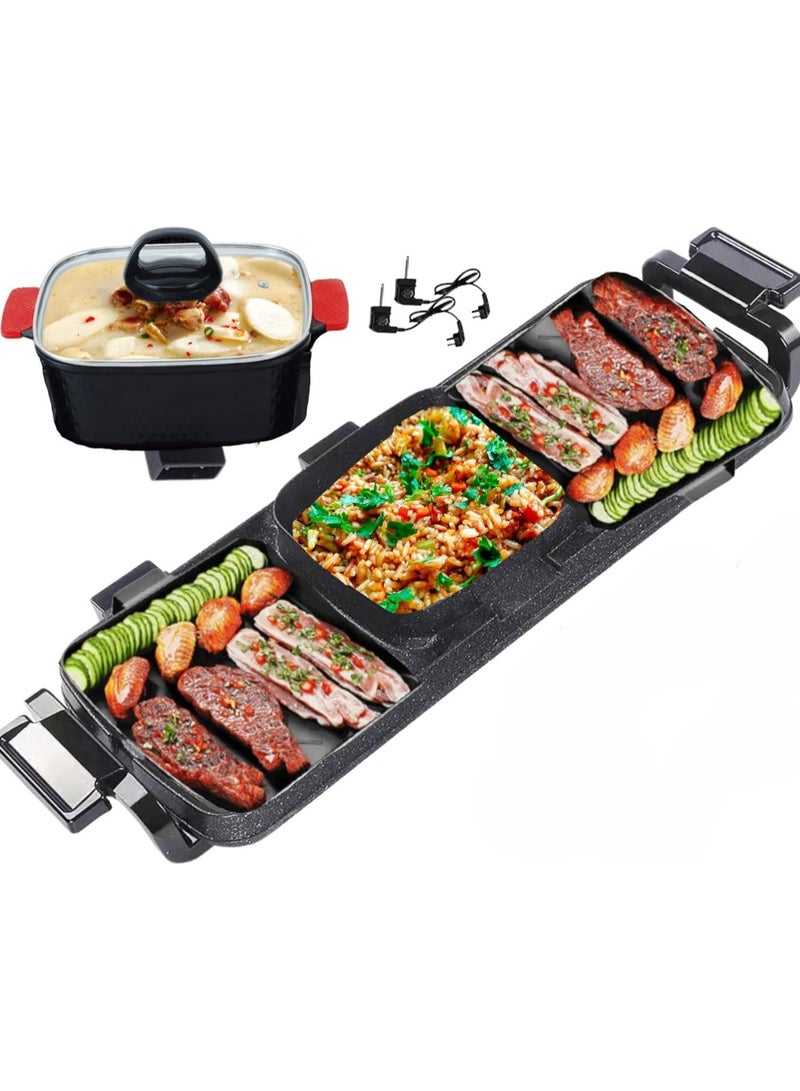 3 in 1 Smokeless nonstick Electric BBQ Roasting Pans, Hot Pot, Smokeless Non-Stick Indoor 2 in 1 Electric BBQ Grill, Rectangular Multi-functional Shabu Hot Pot, Electric Barbecue Oven for Family Party