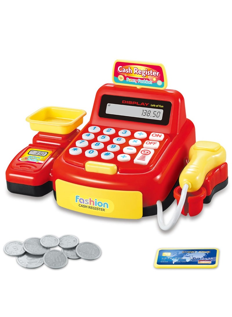 Cash Register with Scanner Pretend Play Cashier Toy,Pretend Play Cash Register Toy for Kids,with Sound, Scanner, Pretend Credit Card, Coins