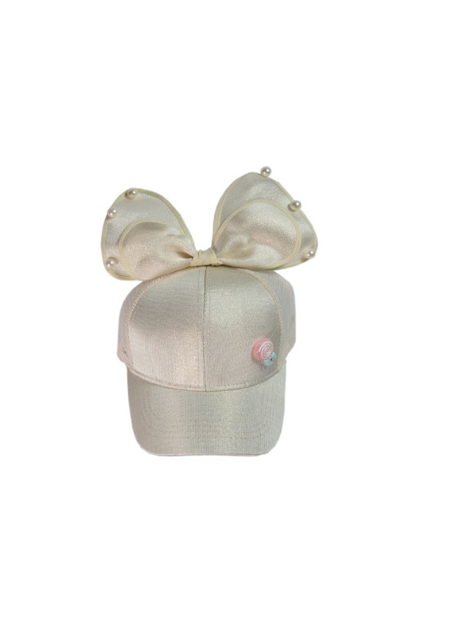 Casual Big Bow Pearl Feature Cap Cream White