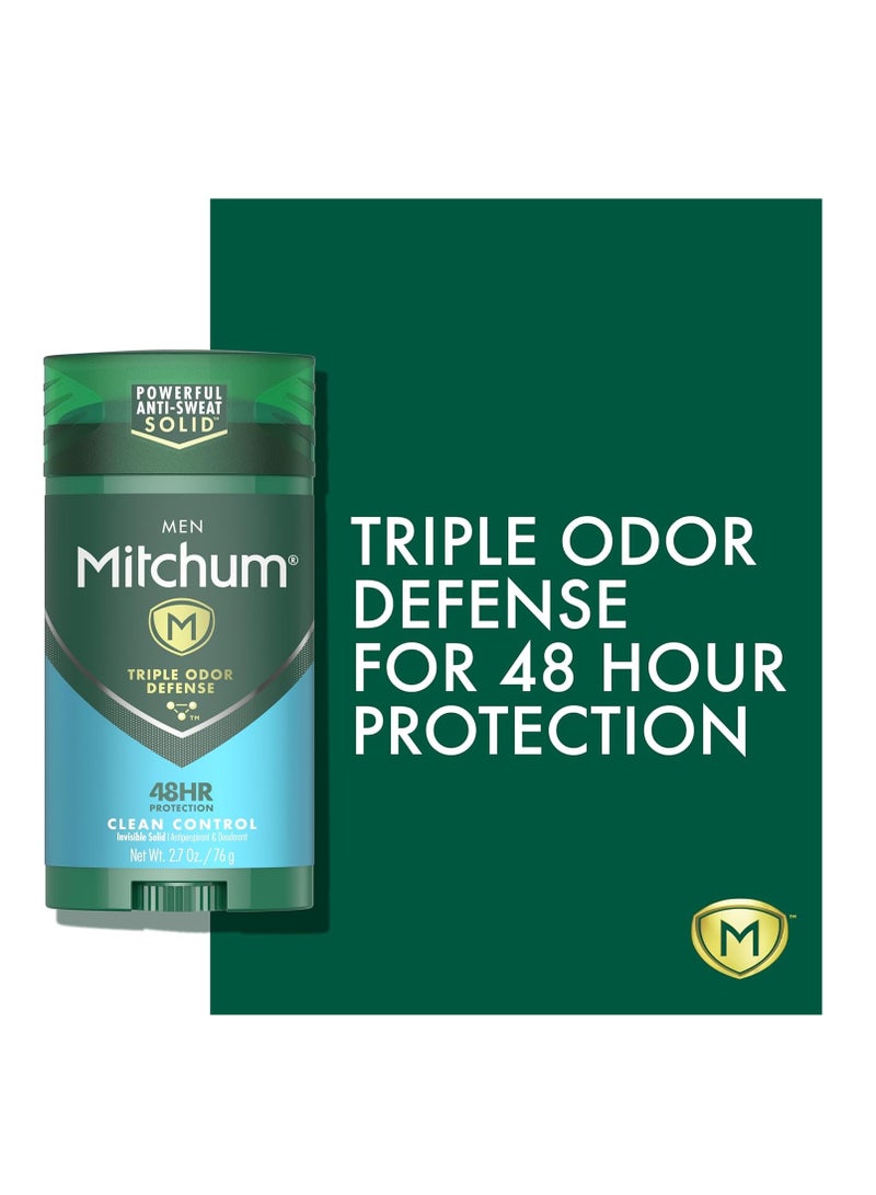 Mitchum Men's Deodorant, Antiperspirant Stick, Triple Odor Defense Invisible Solid, 48 Hr Protection, Dermatologist Tested, Clean Control, 2.7 Oz (Pack of 1)