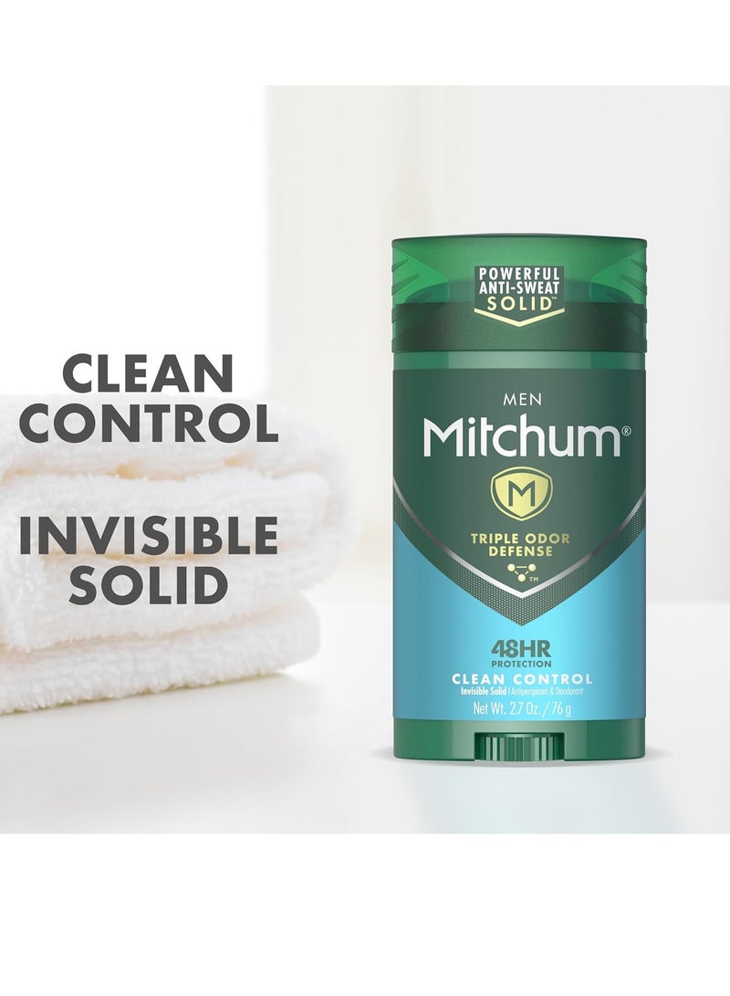 Mitchum Men's Deodorant, Antiperspirant Stick, Triple Odor Defense Invisible Solid, 48 Hr Protection, Dermatologist Tested, Clean Control, 2.7 Oz (Pack of 1)