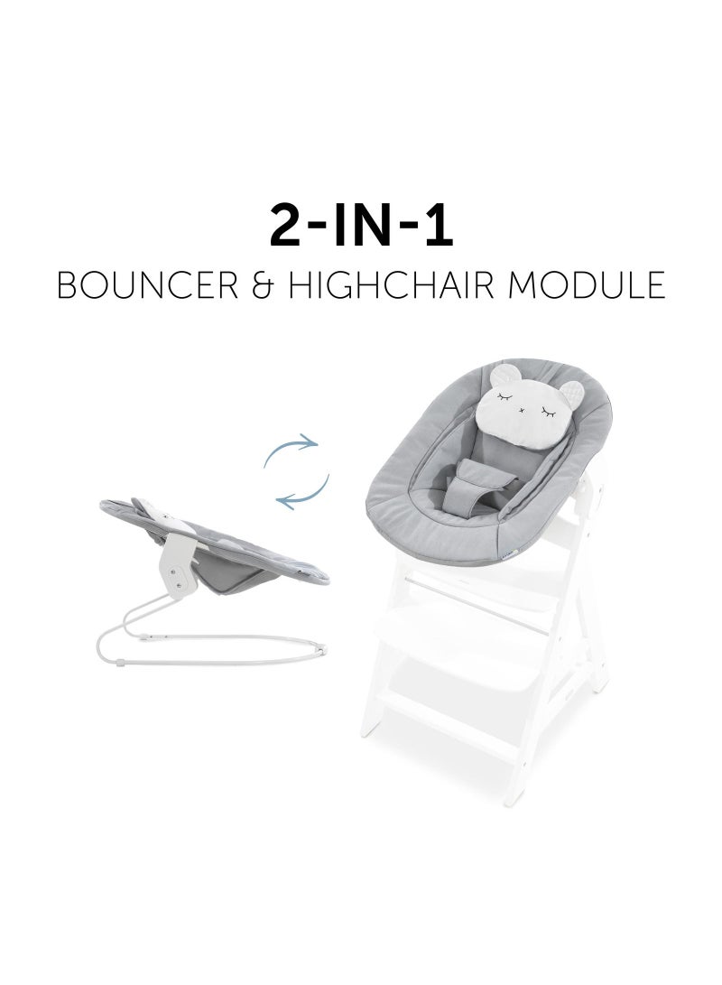 Alpha Bouncer 661833 Baby Rocker High Chair Attachment 2 In 1 Can Be Used From Birth With Cushion And Compatible With Wooden High Chair Alpha + And Beta + Pastel Bear - Grey